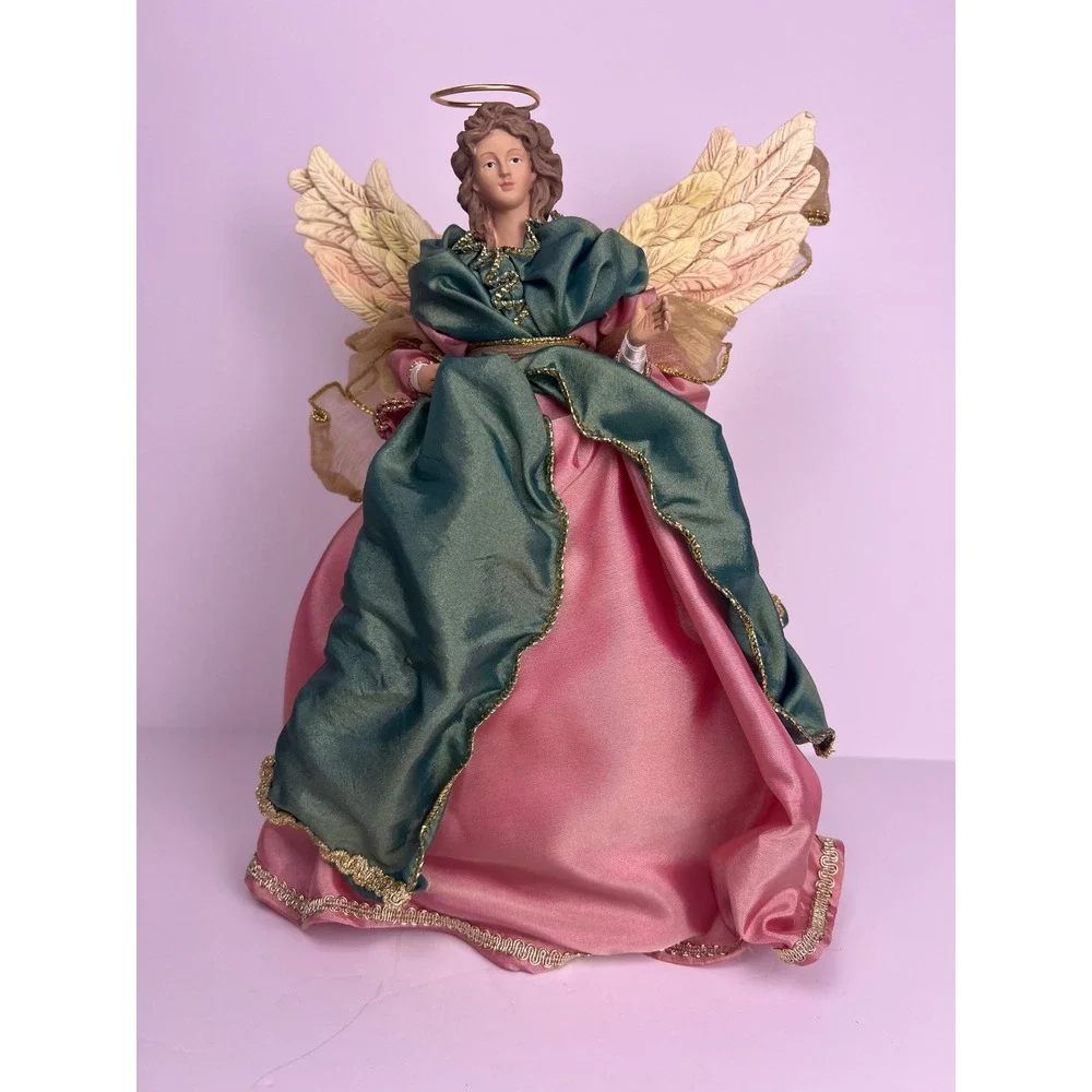 Vintage Angel Tree Topper Figurine Gold Wings Teal Pink Dress Christmas Decor‎